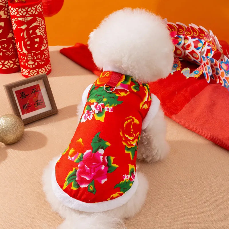 Red winter dog vest with huge peony floral pattern and D-ring, plush lined jacket for small to medium pets