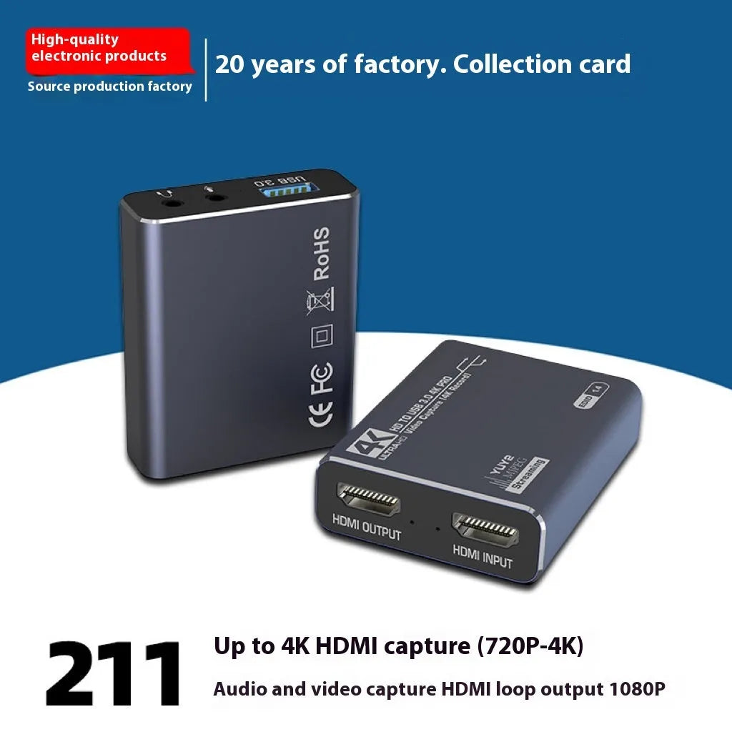 Black 4K gaming set-top box with MS2131 chip for audio recording and universal OS compatibility.
