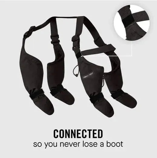 Black waterproof dog shoes with non-slip soles and an adjustable strap closure.