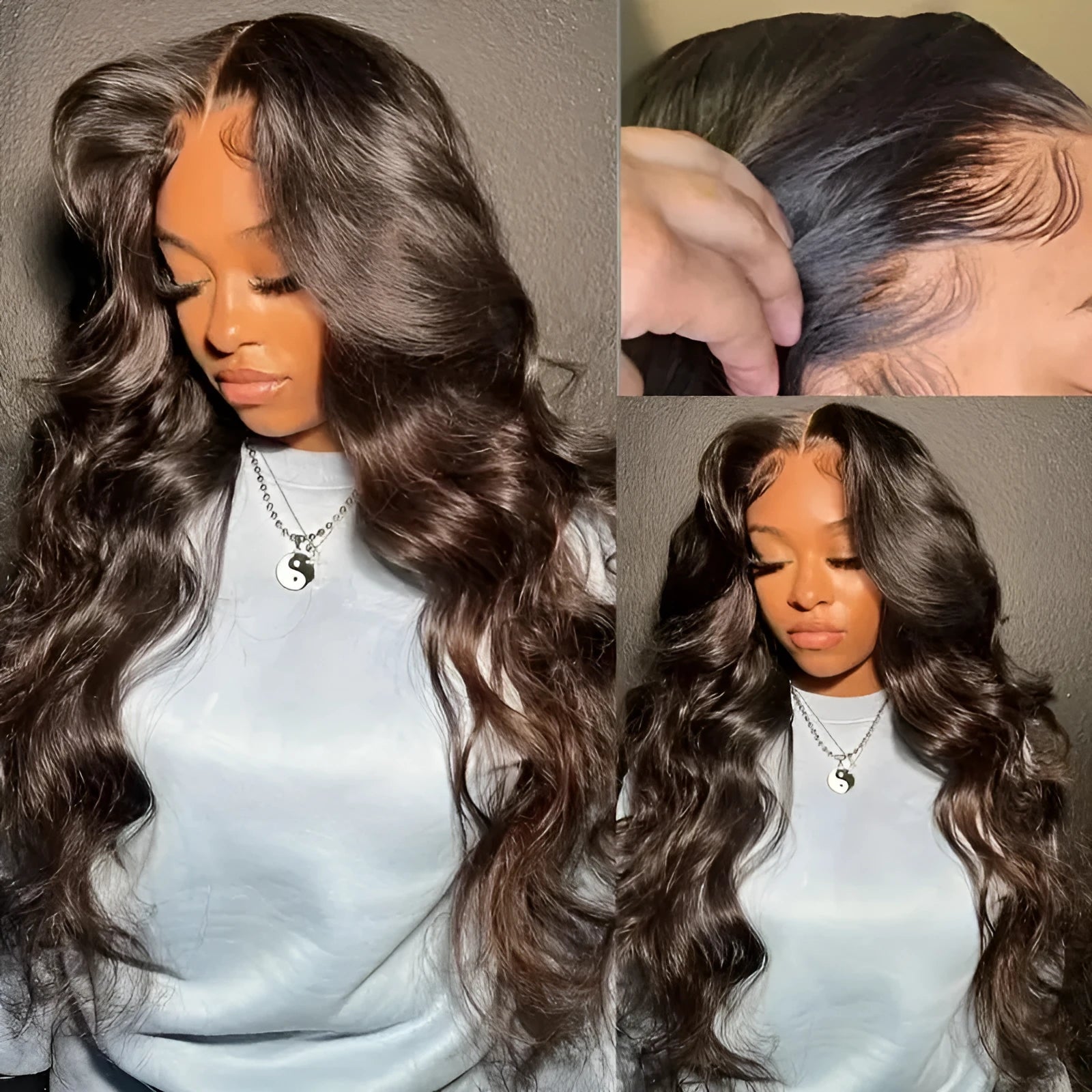 Women's long curly dark brown front lace wig with side bangs, made from high temperature fibre.