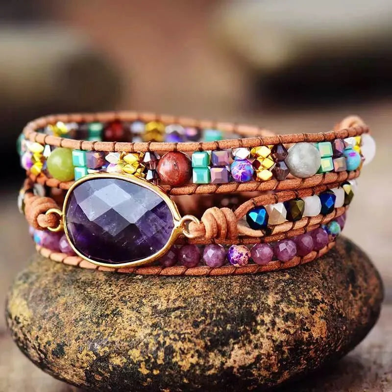 Ethnic style red wood grain leather rope crystal bracelet with egg-shaped semi-precious stone beads