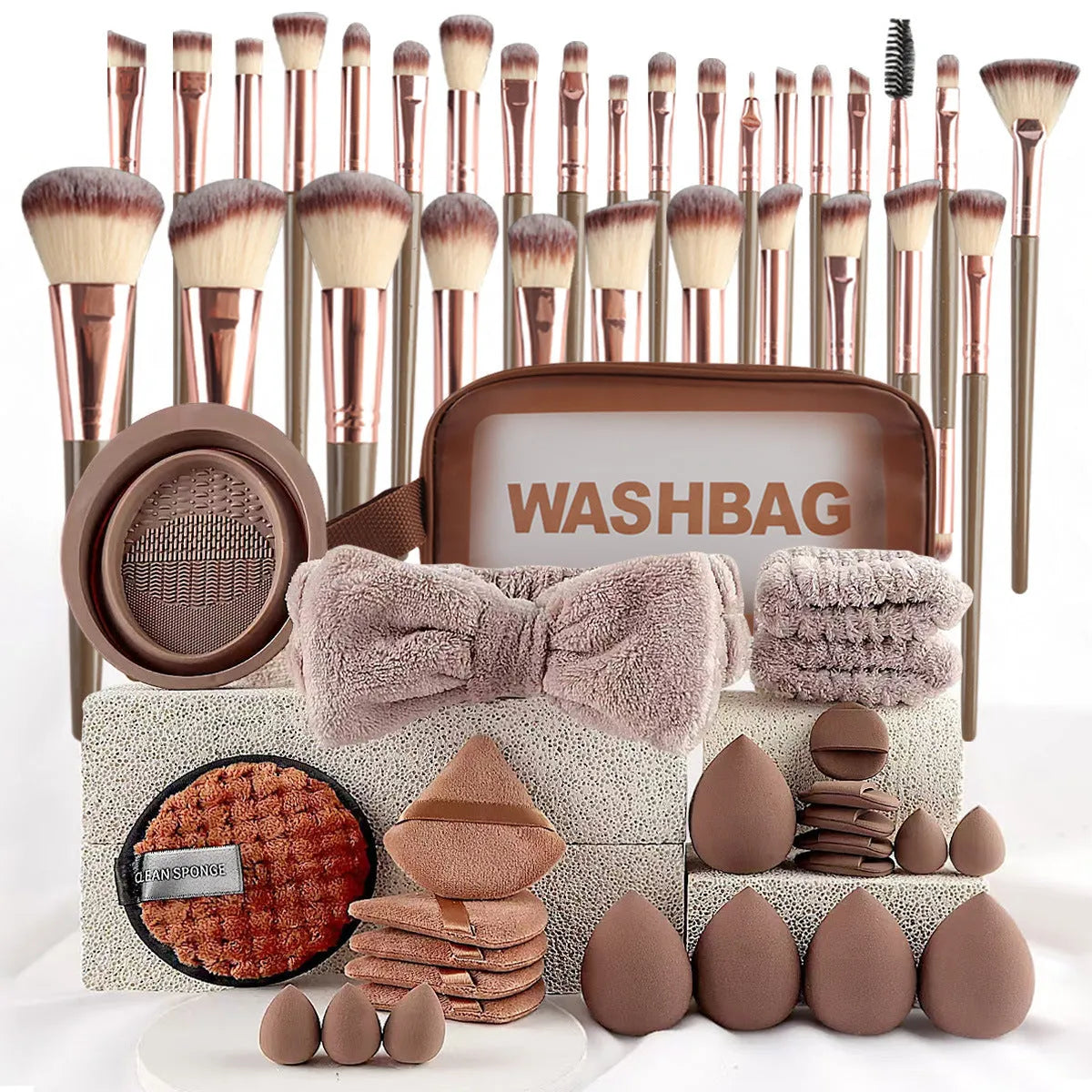 Beauty tools combination set with hydrophilic non-latex face wash and makeup tools in brown, pink, and purple colours