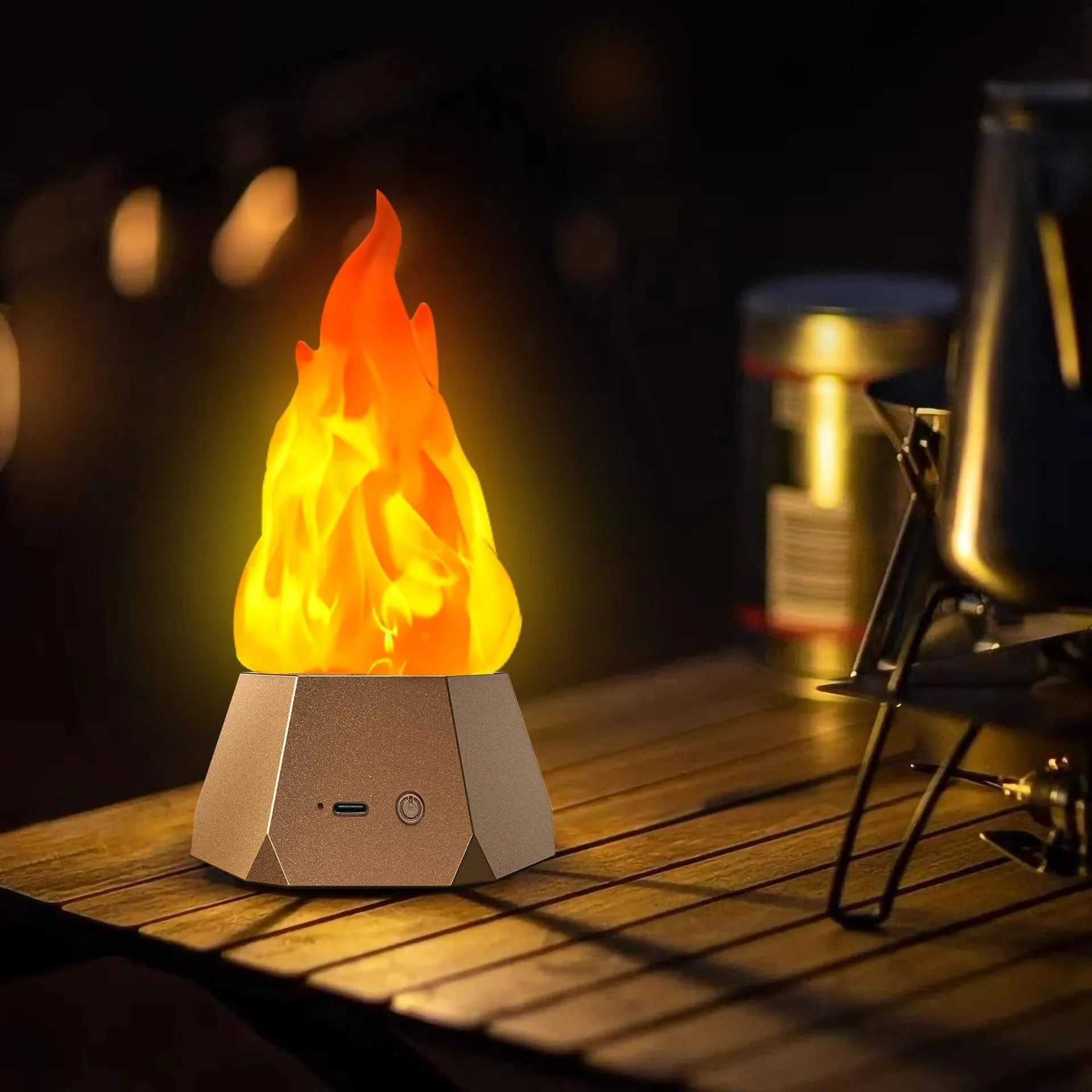 Flame-shaped outdoor decorative lights with black charging base on wooden surface