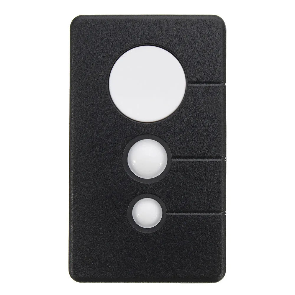 Black plastic three-button garage door remote control for LiftMaster openers.