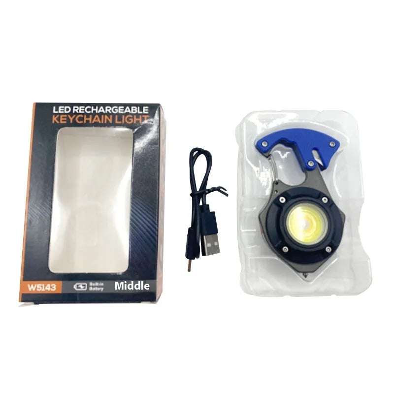 Compact silver and black multifunctional keychain flashlight with keyring, display screen, window breaker, and screwdriver.