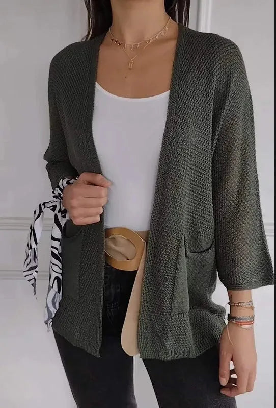 Women's waffle knit cardigan coat in army green with nine-quarter sleeves and pockets