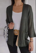 Women's waffle knit cardigan coat in army green with nine-quarter sleeves and pockets