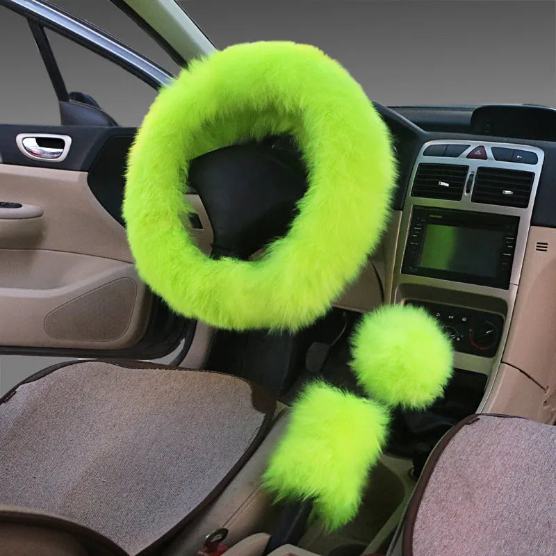 Wool and cashmere blend steering wheel cover and two matching handle covers set for 38cm diameter wheels.