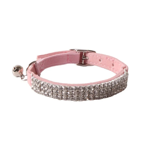 Colourful flocked cat collar with elastic buckle in pink, black, red, blue, purple, and dark brown options.