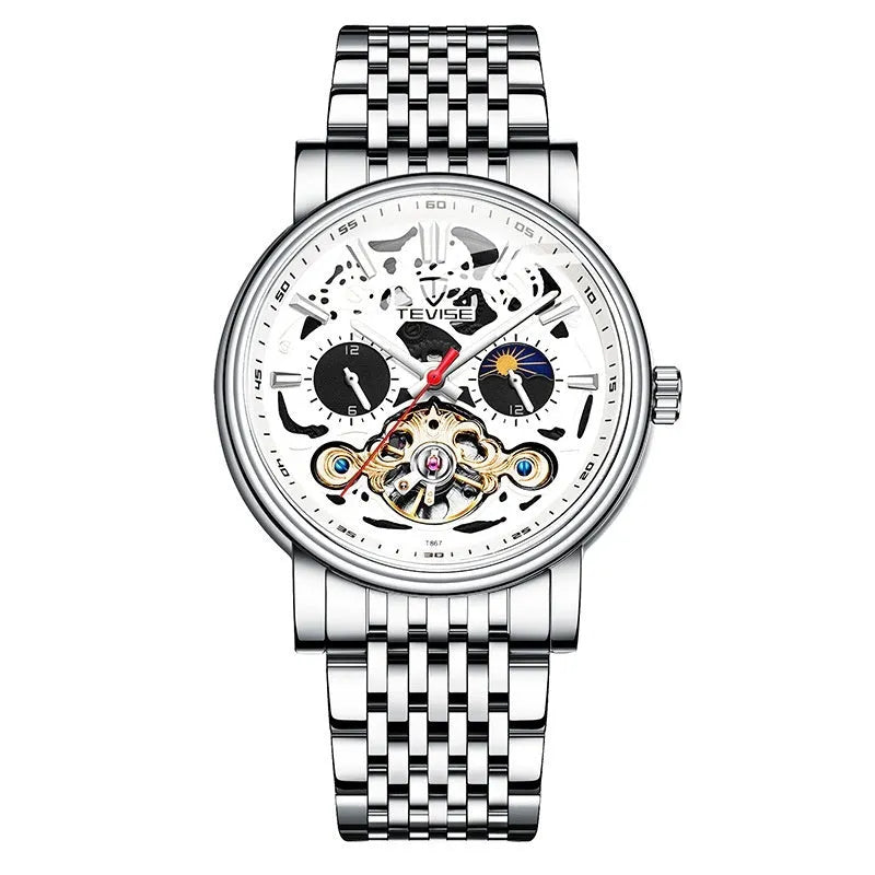 Men's black mechanical wristwatch with tourbillon detail and luminous hands on a leather strap.