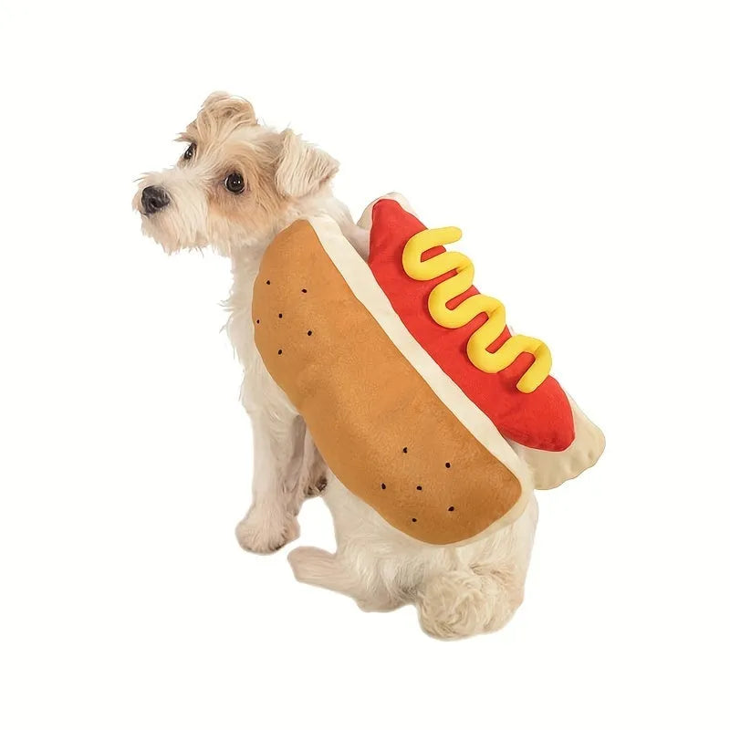 Brown and beige hot dog costume for a small dog, showing fleece material and Velcro closure.