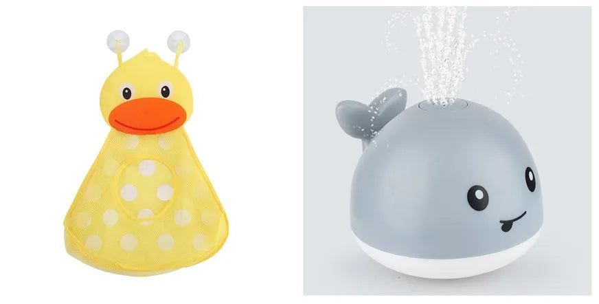 Automatic water spray whale bath toy with colourful LED lights floating in baby bath