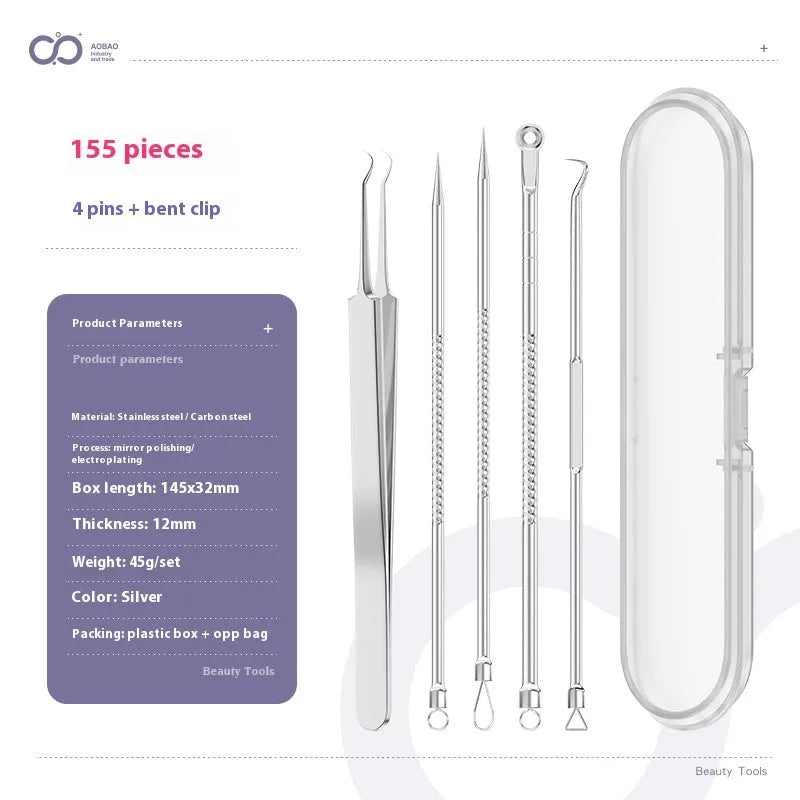 Four metal acne needles with ultra-fine pointed tips on a clean background.