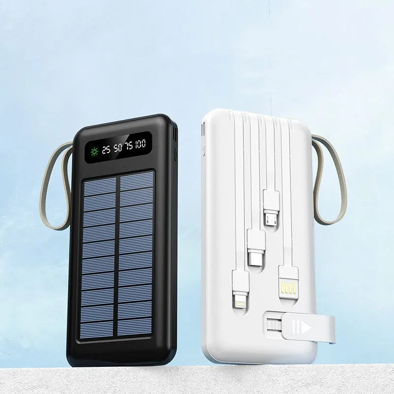 Black or white solar power bank with built-in panel showing capacity options of 20000mAh and 30000mAh.