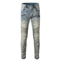 Men's light blue slim fit distressed jeans with hand-frayed details and a straight leg cut.