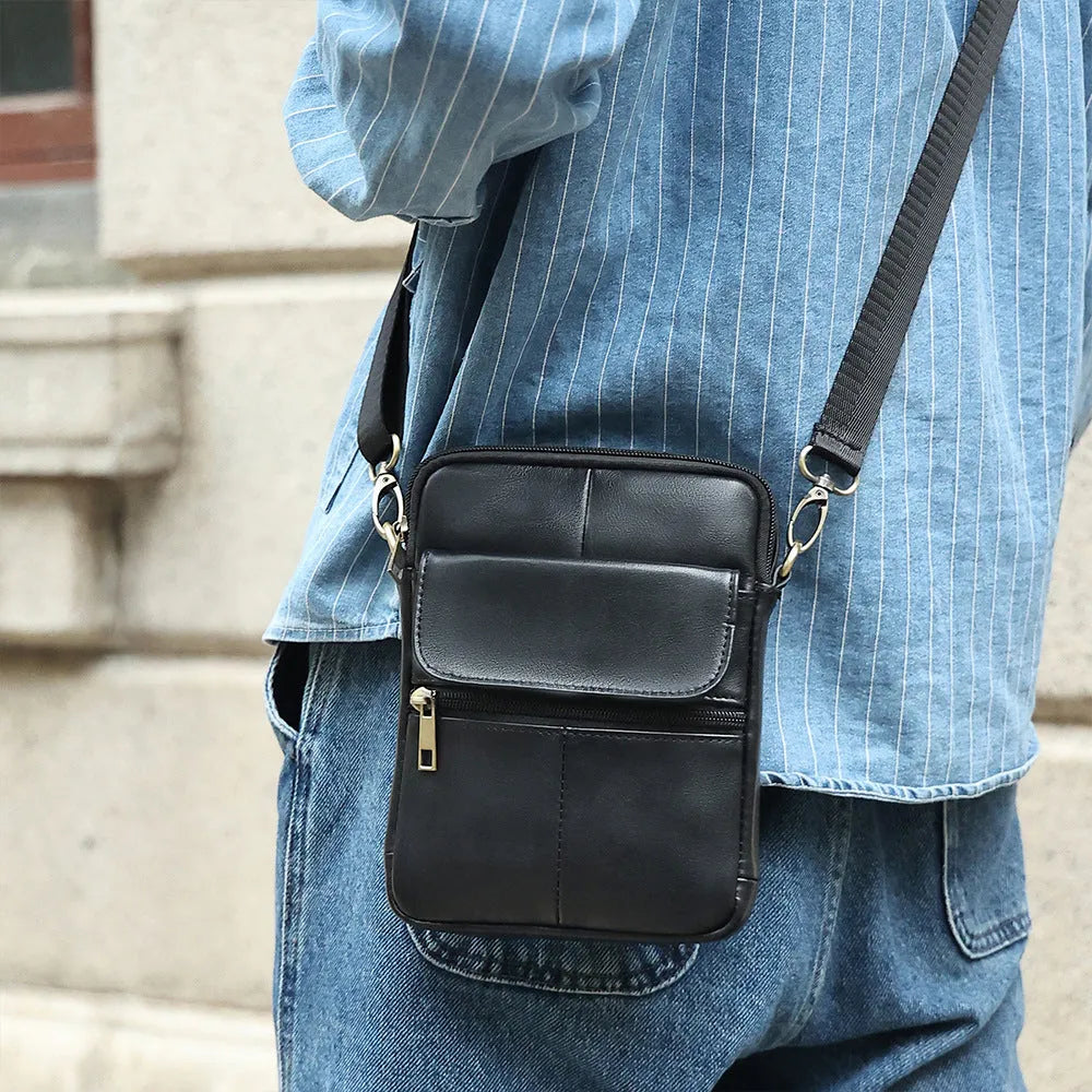 Men's brown genuine leather crossbody shoulder bag with sewing-line detailing