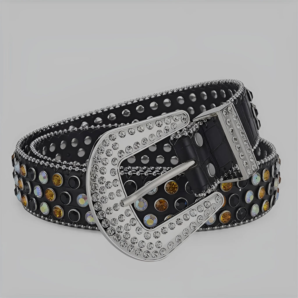 Alloy belt with punk rock rivet and rhinestone detailing on imitation leather strap