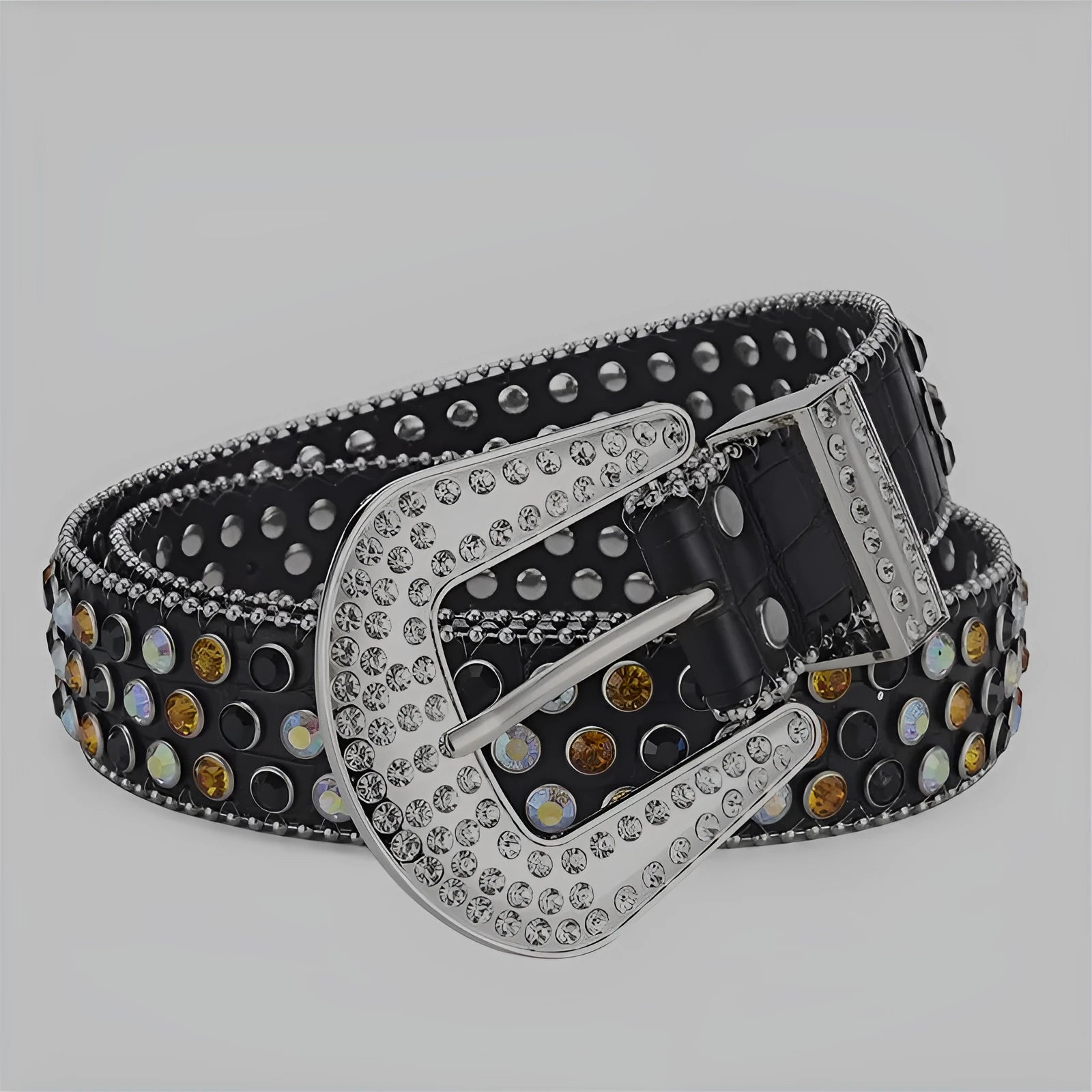Alloy belt with punk rock rivet and rhinestone detailing on imitation leather strap