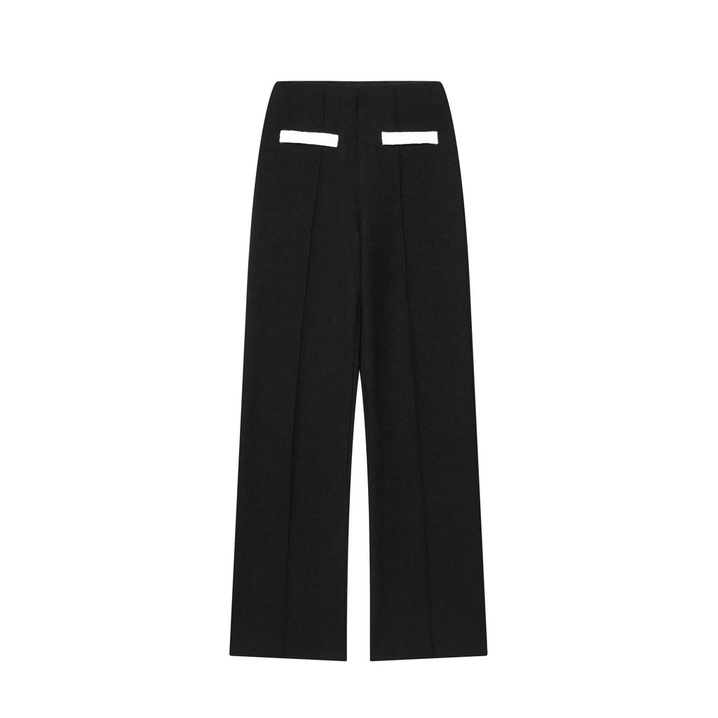 Women's two-piece polyester suit with beaded leather round neck top and stretch high-waisted trousers