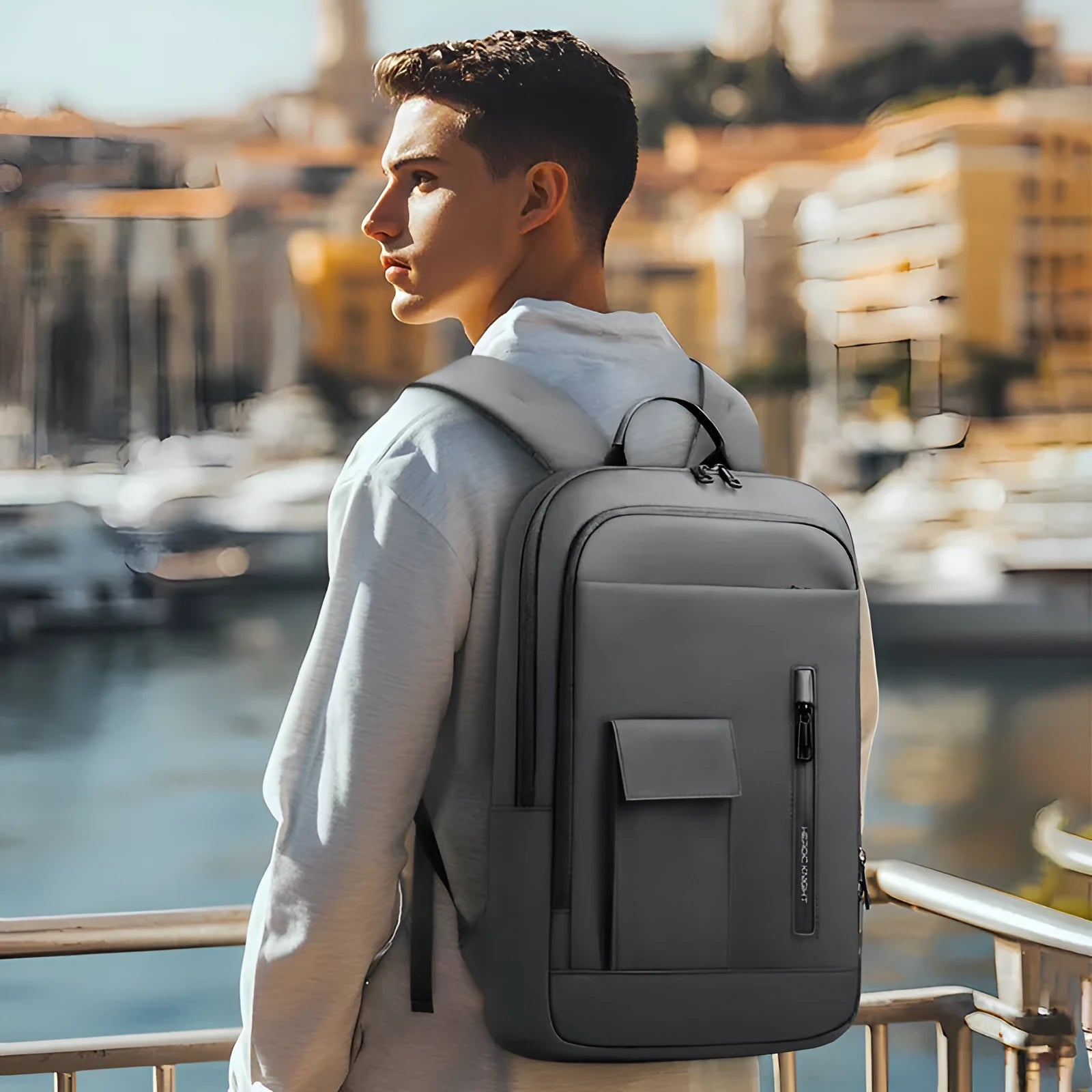 Men's lightweight Oxford cloth business backpack with slim design and visible sewing line details