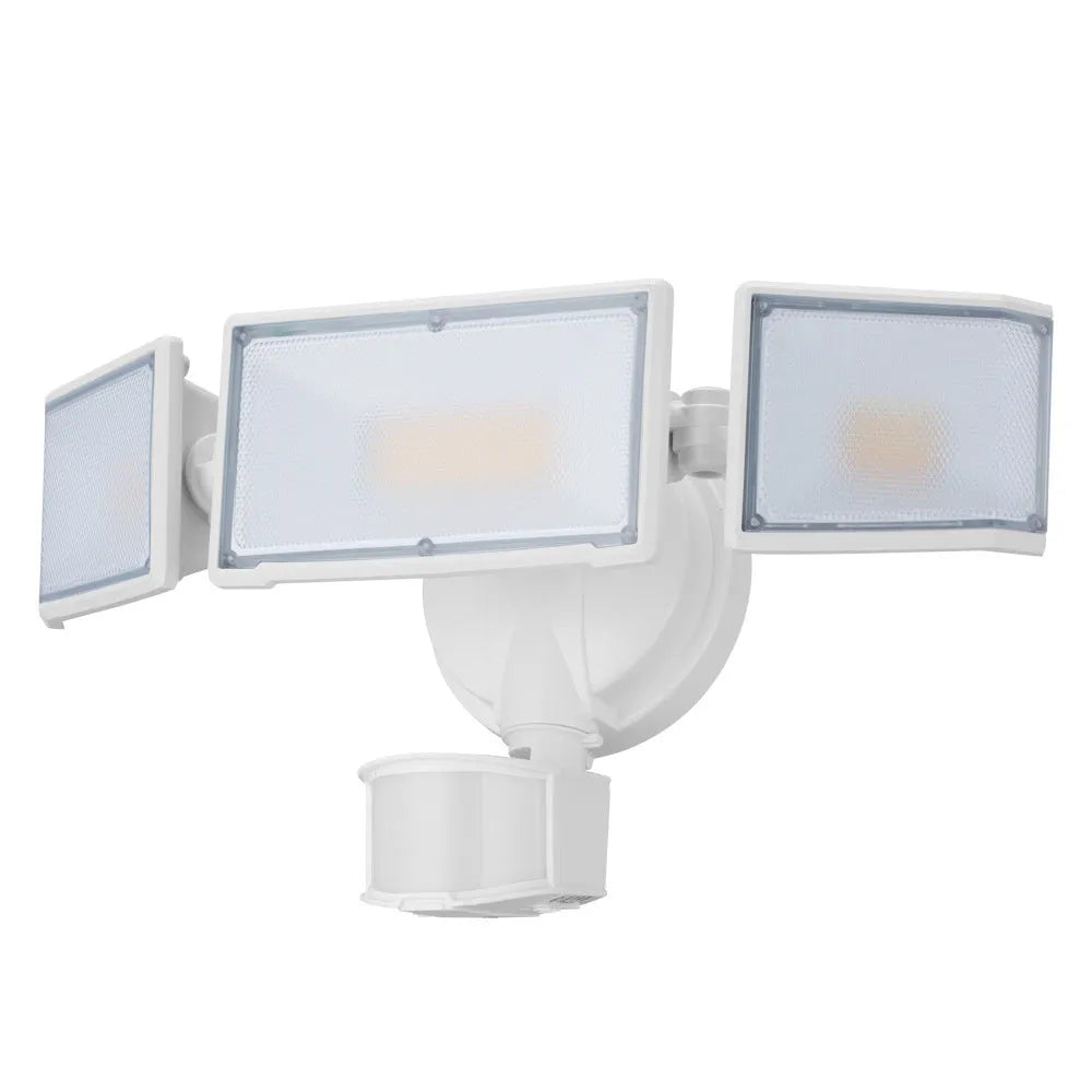 White 120V LED motion sensor security flood light with wall mount bracket