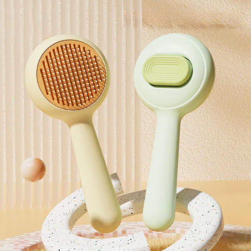 Green and yellow pet grooming brushes with stainless steel comb teeth and non-slip handles.