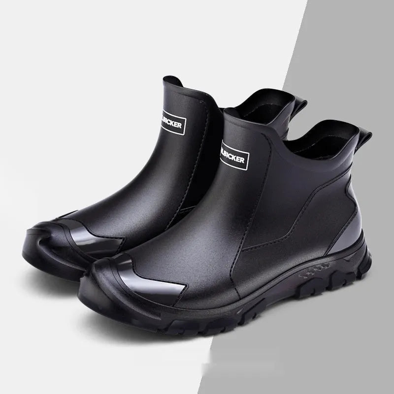 Korean style women's short tube PVC rain boots in black and red colour with round toe design