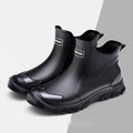 Korean style women's short tube PVC rain boots in black and red colour with round toe design