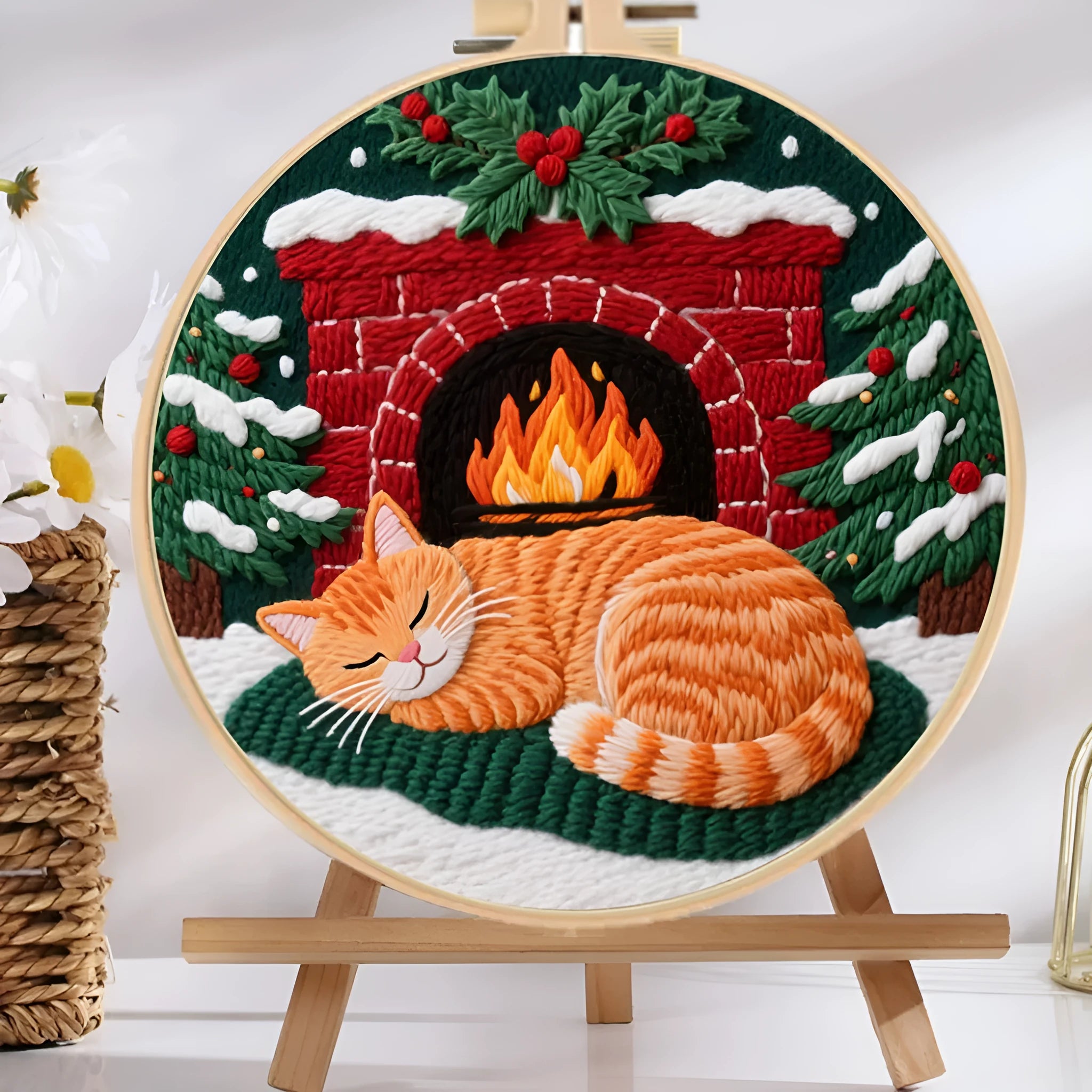 Cat embroidery DIY material package showing autumn fruit patterns on cotton linen fabric with optional bamboo frame