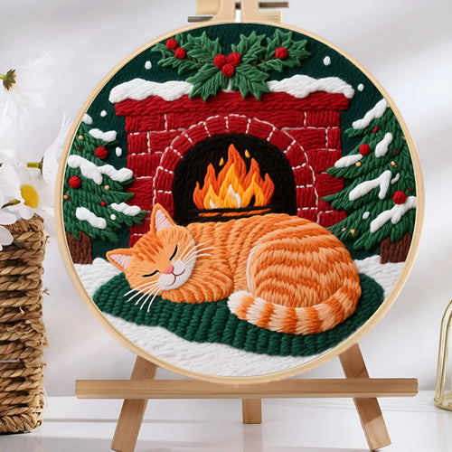 Cat embroidery DIY material package showing autumn fruit patterns on cotton linen fabric with optional bamboo frame