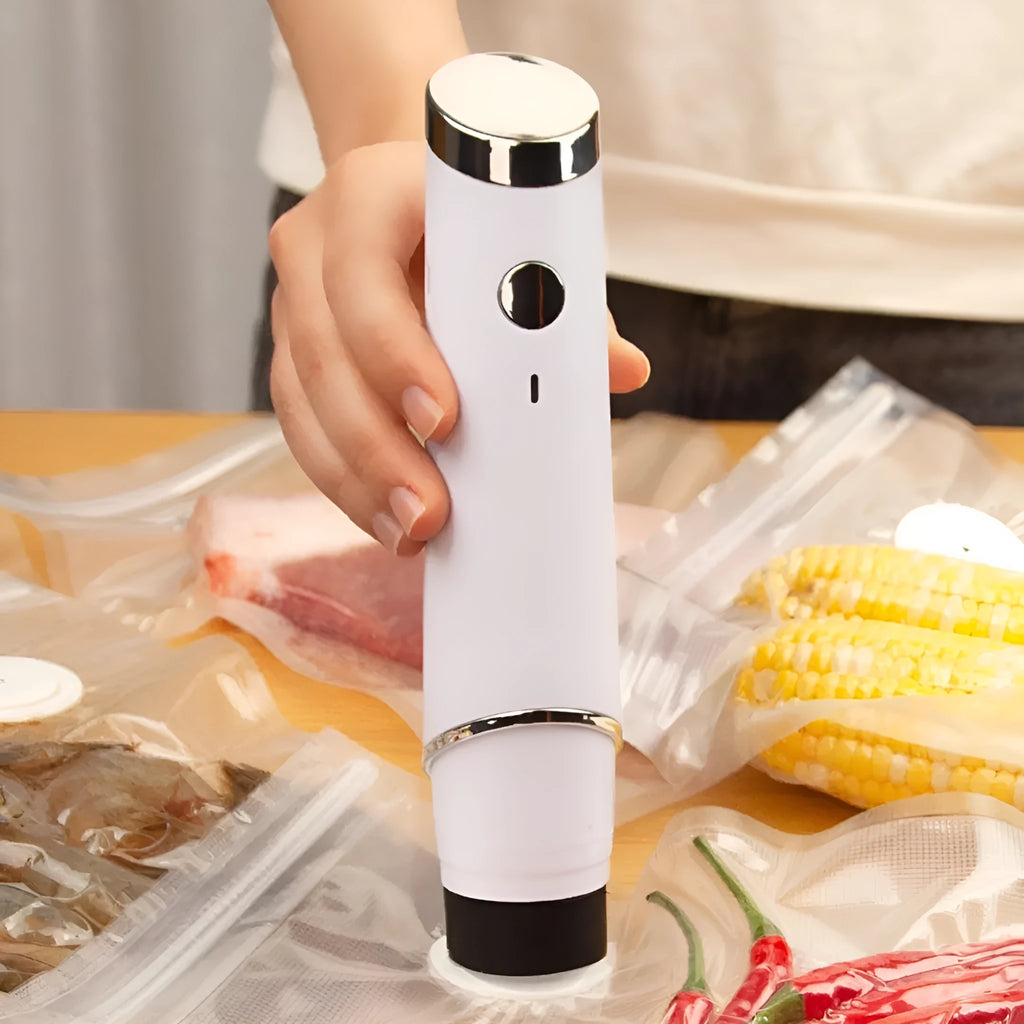 White USB electric vacuum pump with five 26x28cm plastic storage bags featuring zip-lock seals