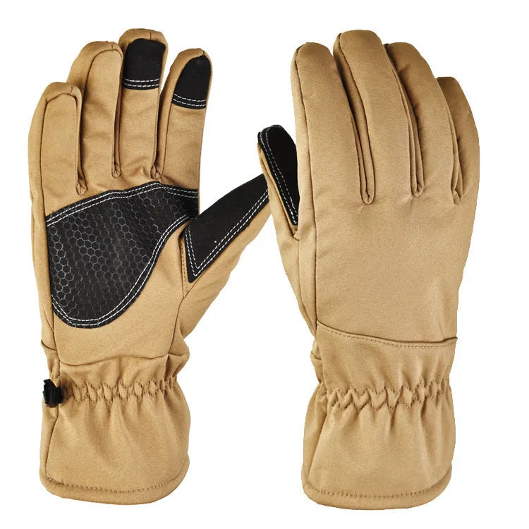A pair of tactical camouflage ski gloves with touch-screen fingertips on a winter background.