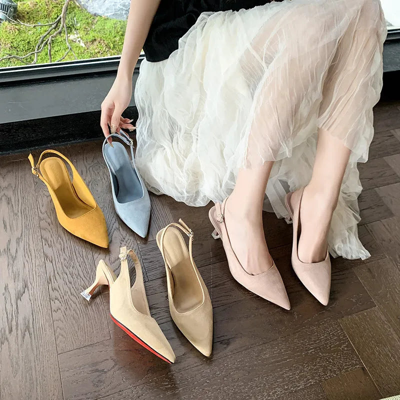Women's stiletto heels with pointed toe in pink, blue, yellow, and apricot colours