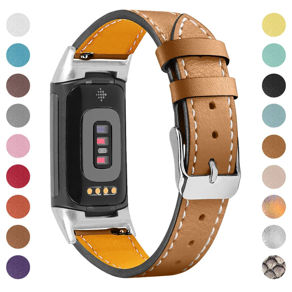 Genuine leather watch strap for Fitbit Charge 5 and Charge 6 fitness trackers on a wrist.