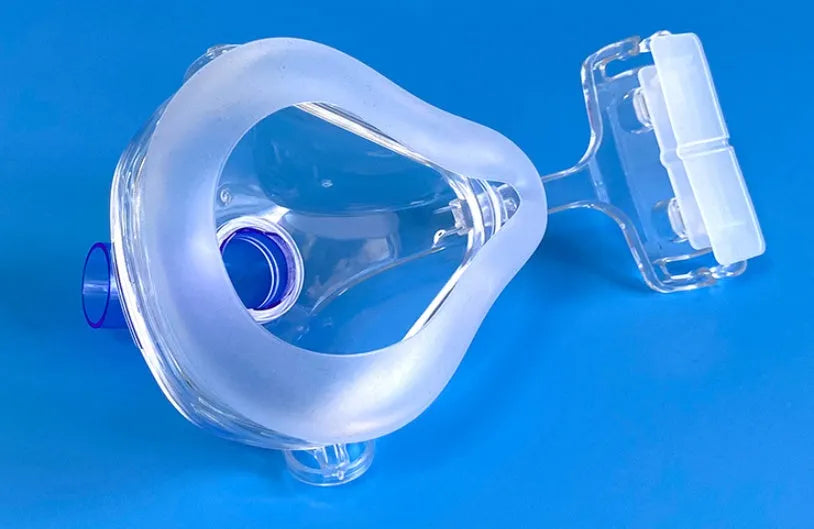 Transparent CPAP breathing mask with silicone construction and PC headgear for ventilator connection