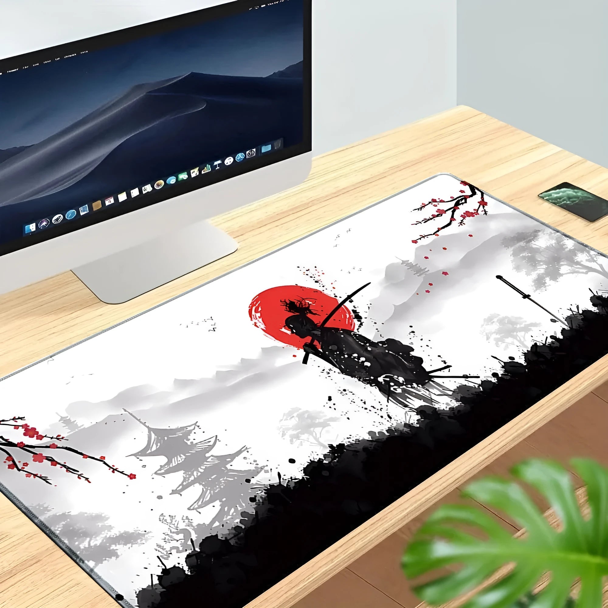 Japanese Samurai design cloth gaming mouse pad with non-slip base on desk