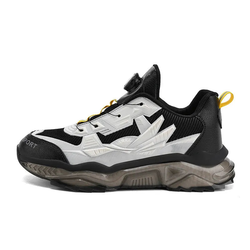 Men's black rotating button dad shoes with mesh upper and platform sole.