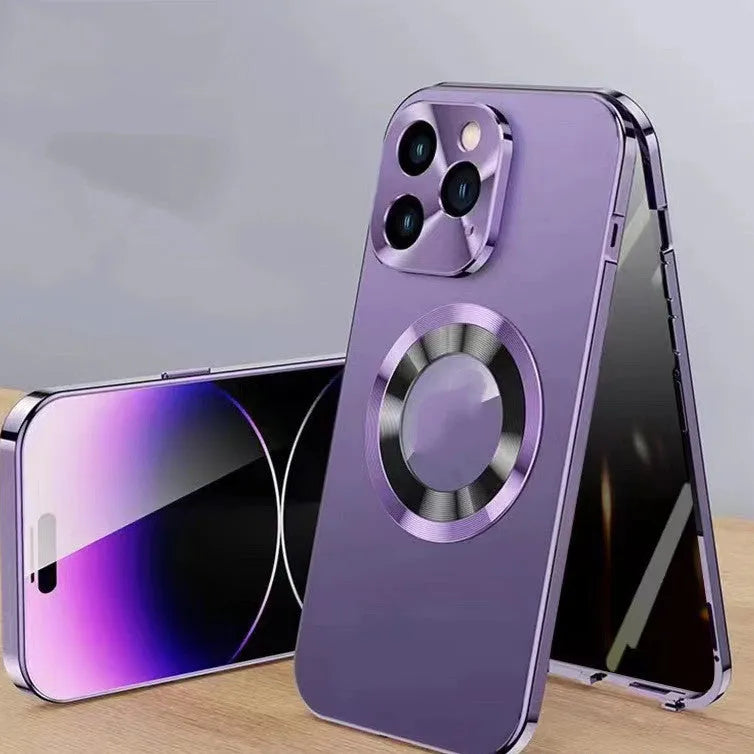 Magnetic anti-peep phone case for iPhone in black, blue, gold, purple, and silver colours.