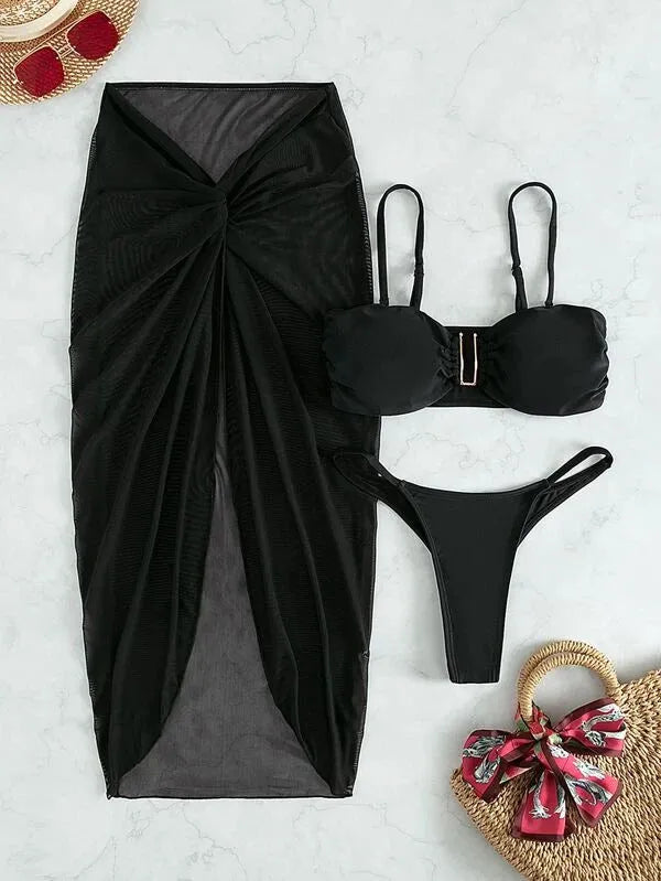 Women's solid colour three-piece bikini set with long culottes skirt, bra, and panties