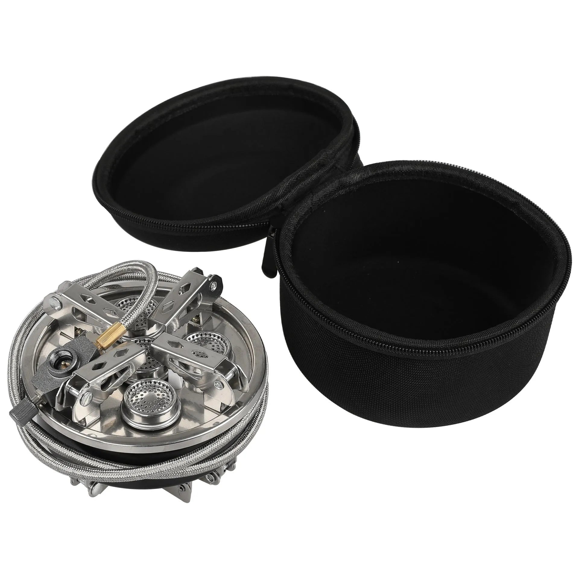 Silver portable split camping stove with extended hose shown folded and unfolded for outdoor cooking