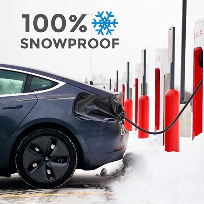 Grey waterproof drawstring cover for an electric vehicle charging port