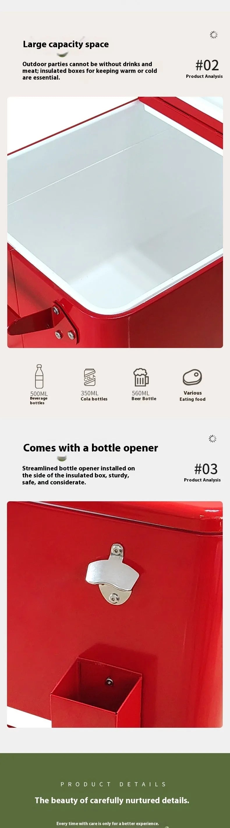 Red metal outdoor insulated cart with wheels and a 750ml capacity
