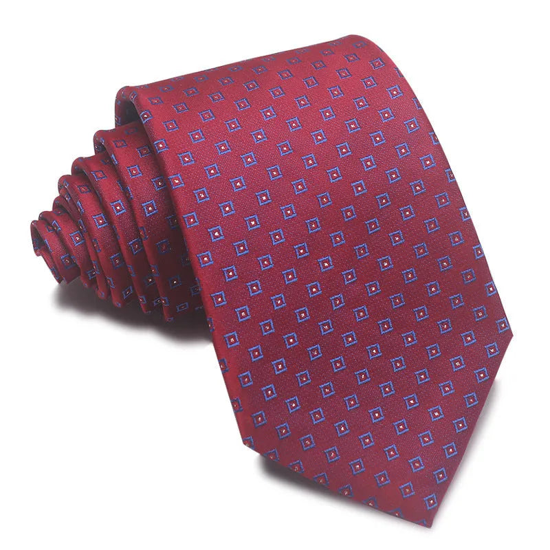Men's 8cm polyester jacquard striped business tie in red black and blue formal arrow type