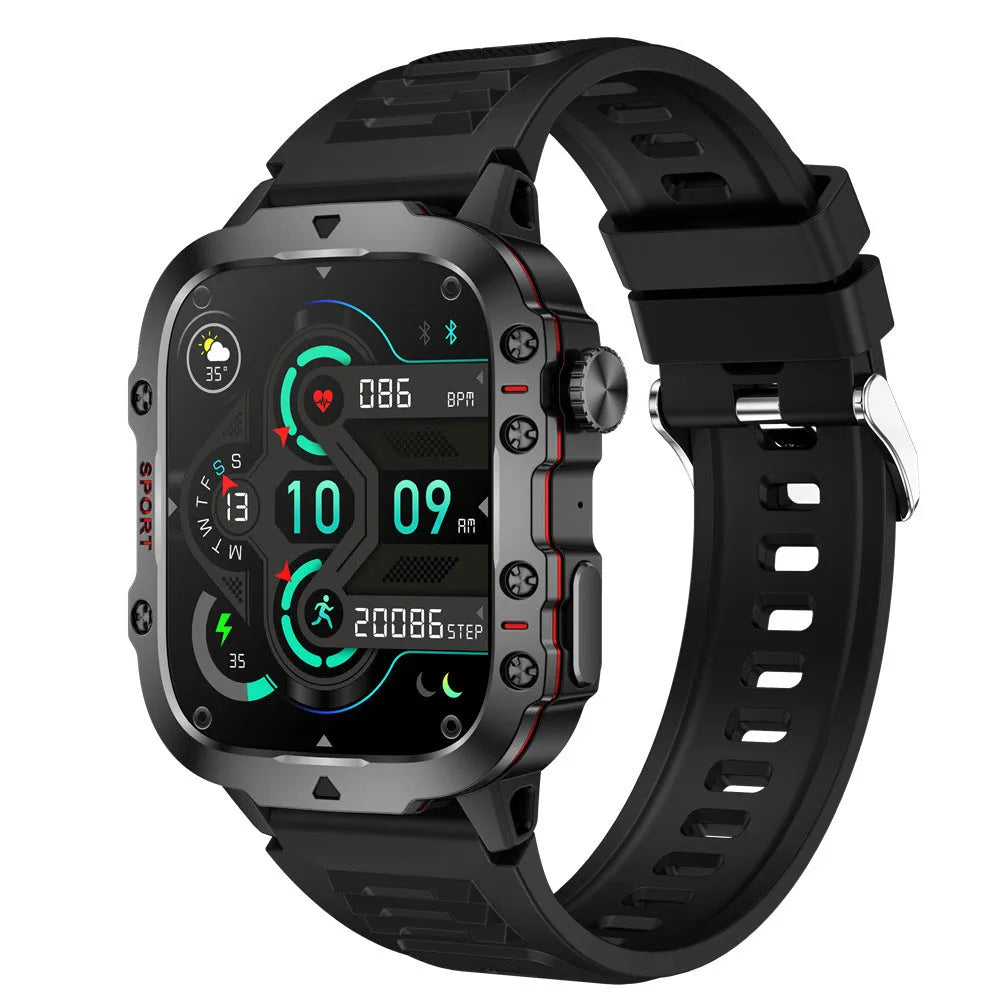 QX11 smart Bluetooth watch in black with TFT screen showing heart rate data on a leather strap.
