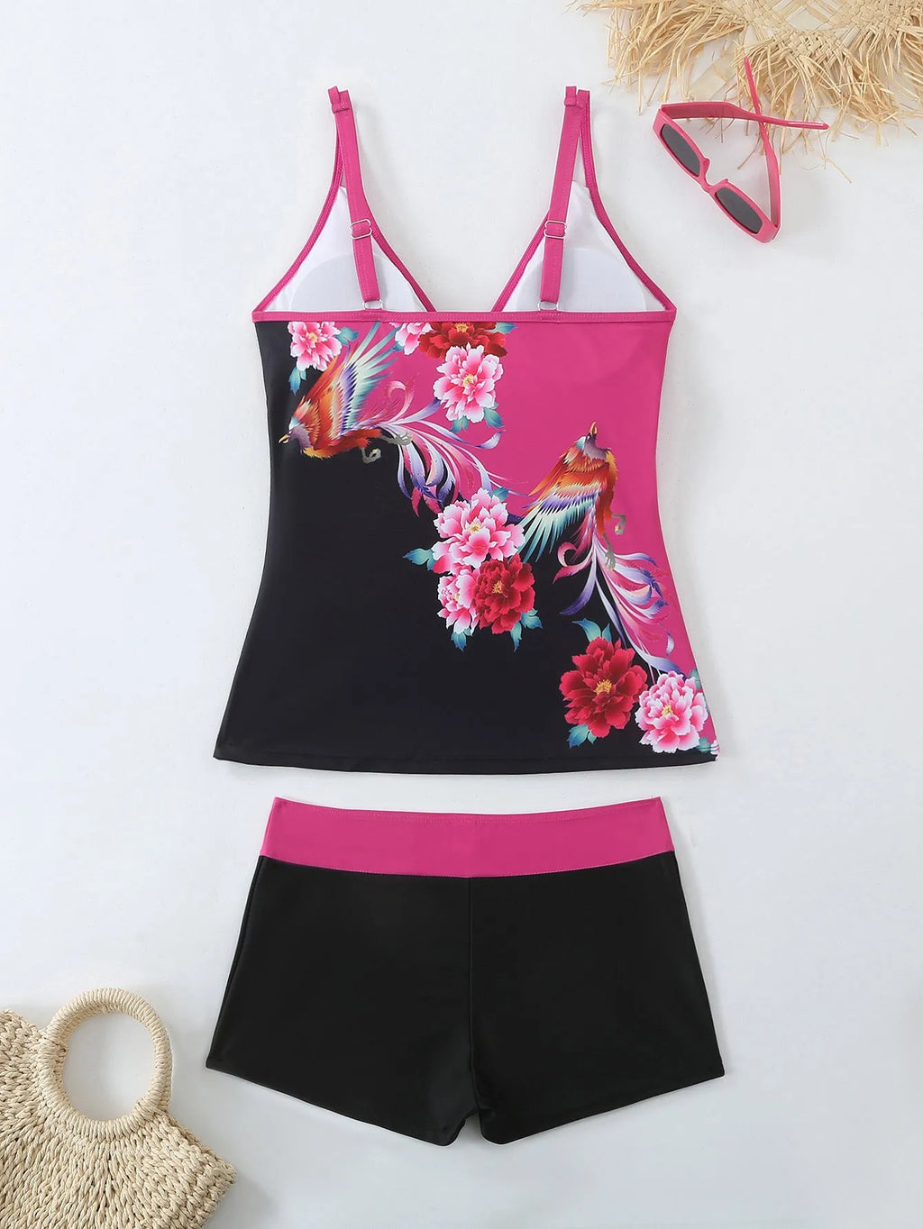 Plus size women's printed swimsuit briefs in black or rose red with matching trunks.
