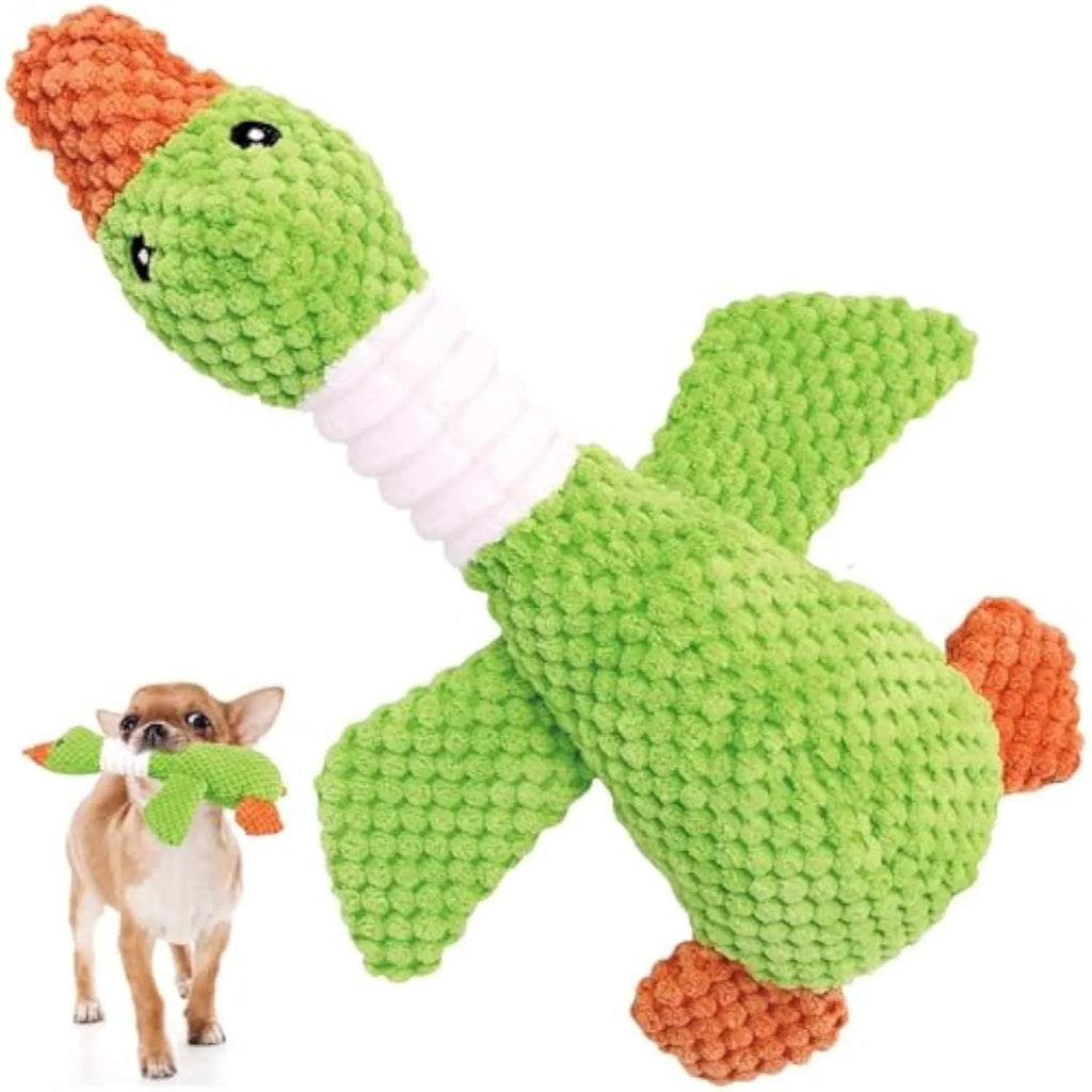 Green blue or grey durable plush duck dog chew toy with squeaker, 33 cm long.
