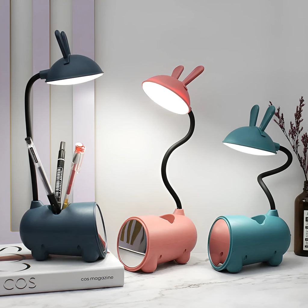 Cartoon-style plastic desk lamp with built-in pen container in dark blue colour