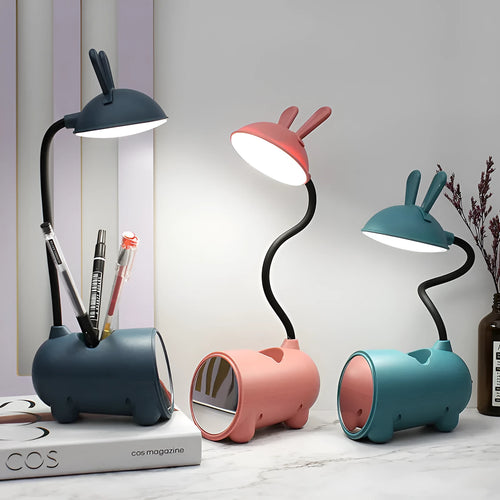 Cartoon-style plastic desk lamp with built-in pen container in dark blue colour