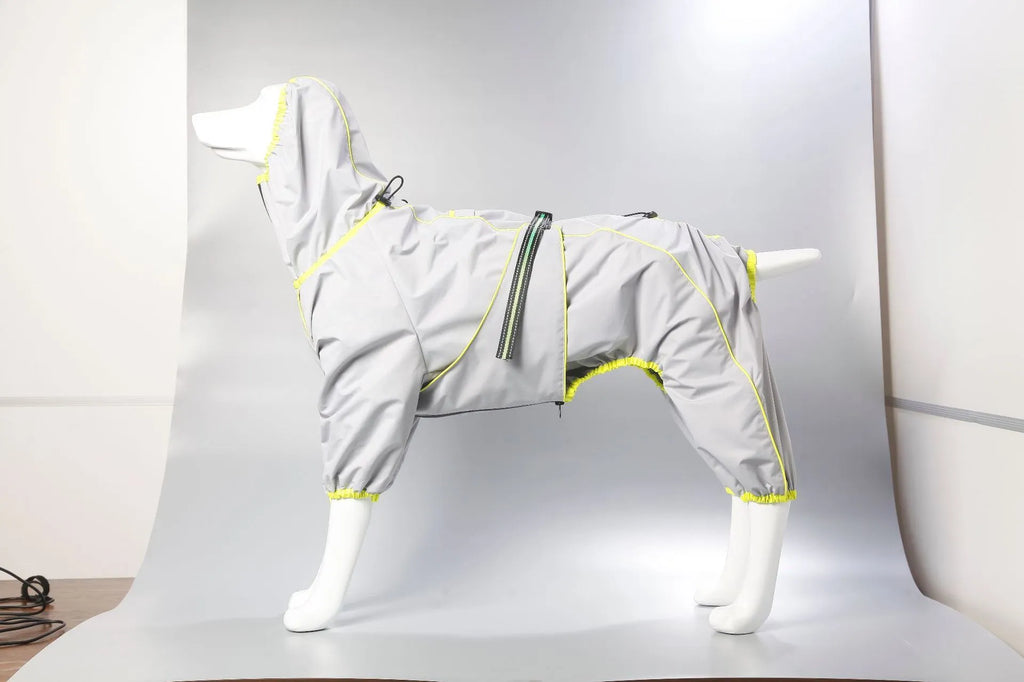 Dog wearing a padded polyester dog jacket in a sports-style design, available in multiple colours and sizes from M to XXXXL