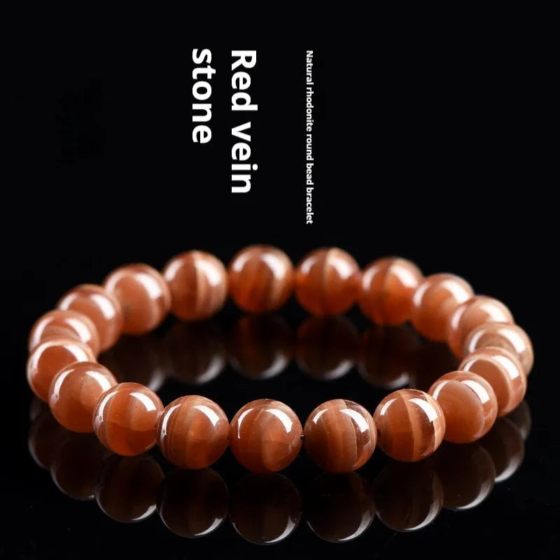 Natural Old Mine Rhodochrosite round beads bracelet with Ruyi pendant, 6mm or 8mm beads, vintage manganese spar colour